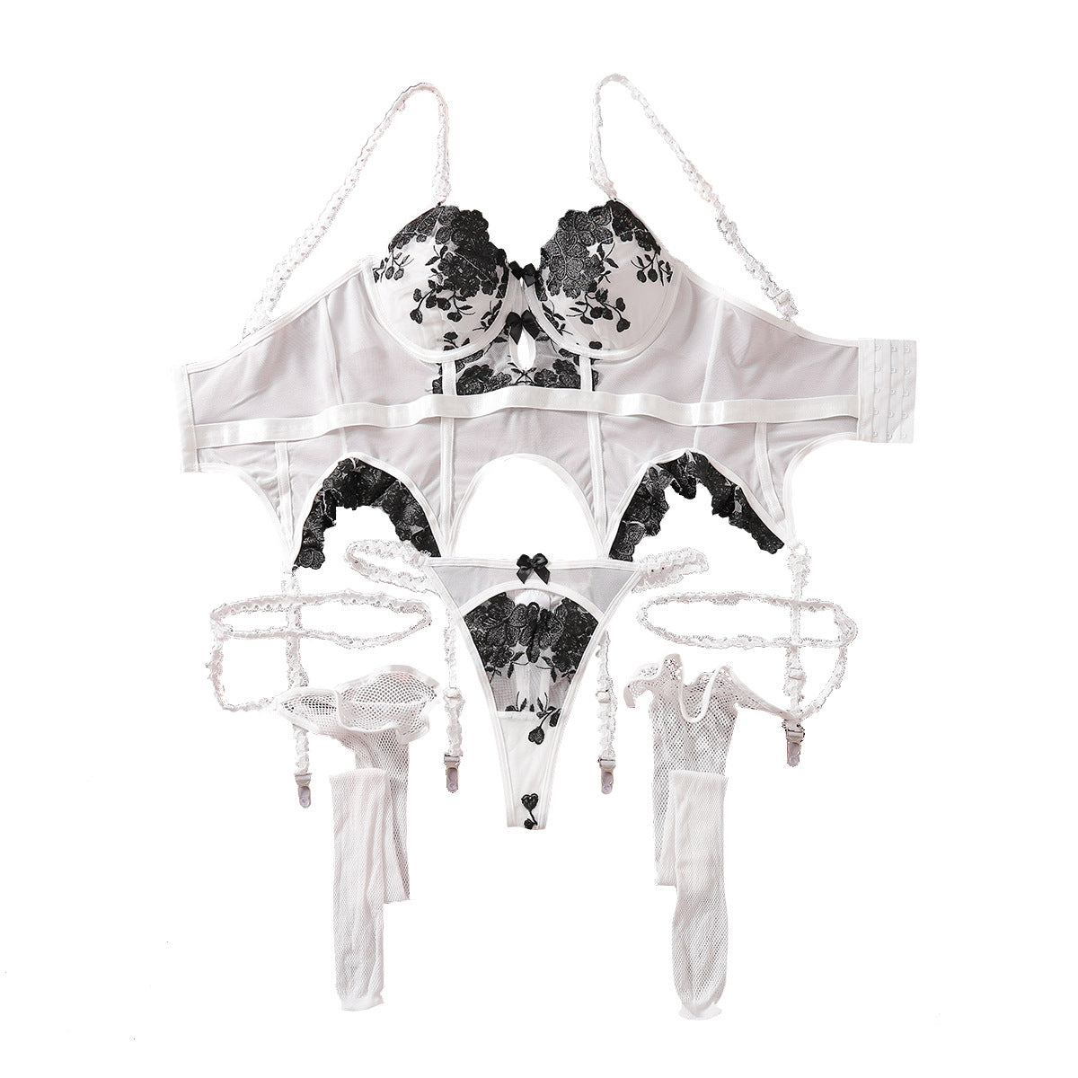 Black and White Embroidered Flower Sexy Lingerie Set with Leg Garters - Three Piece Set