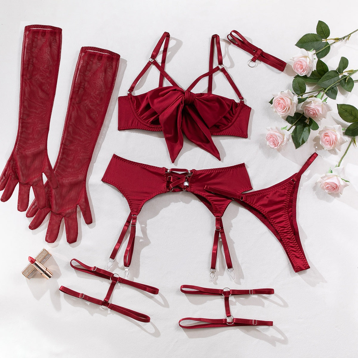Wholesale Sexy Lingerie Set with Garter Belt Hollow Out Push-Up Four-Piece Set for Women