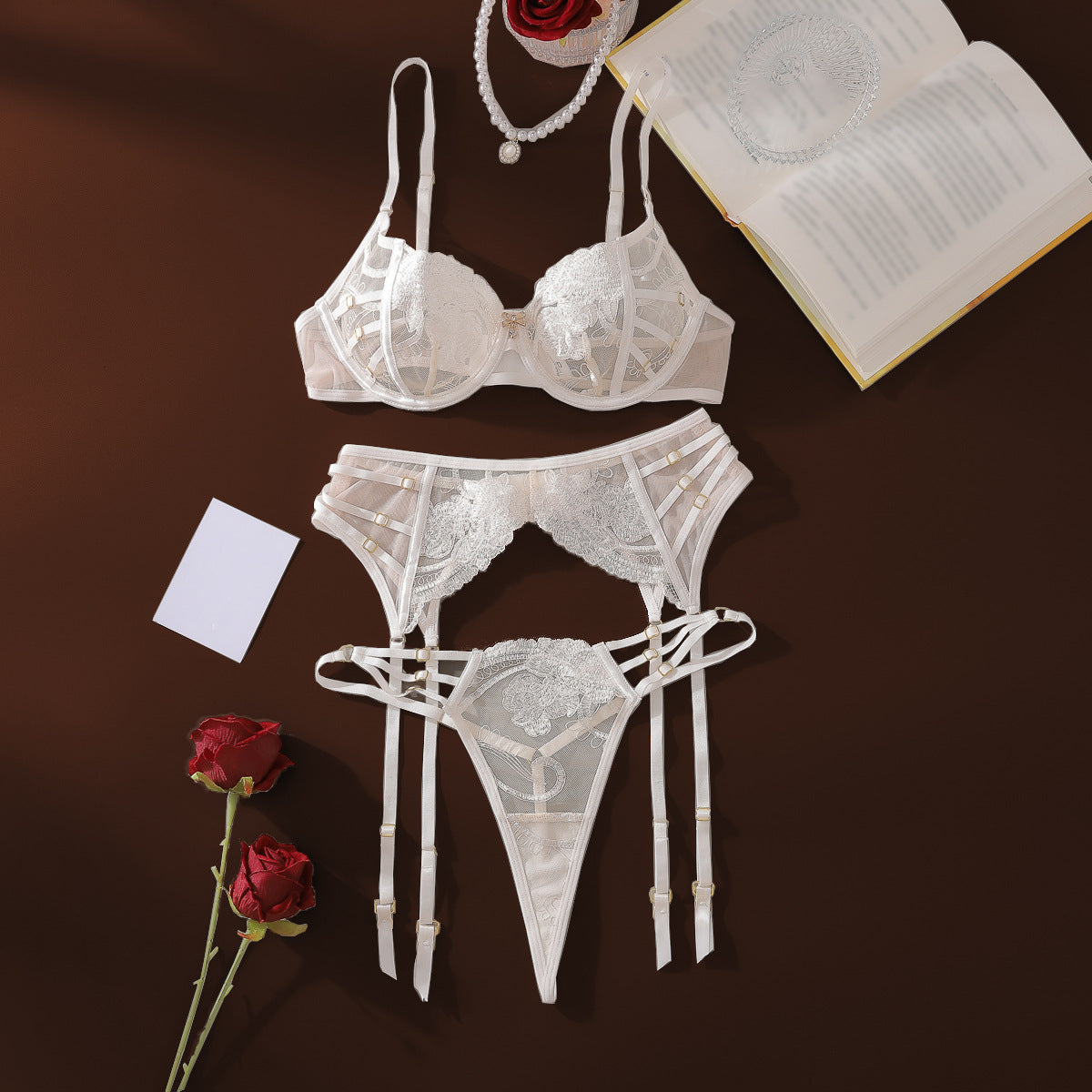 Embroidered sexy three-point style erotic lingerie gathering bra three piece set