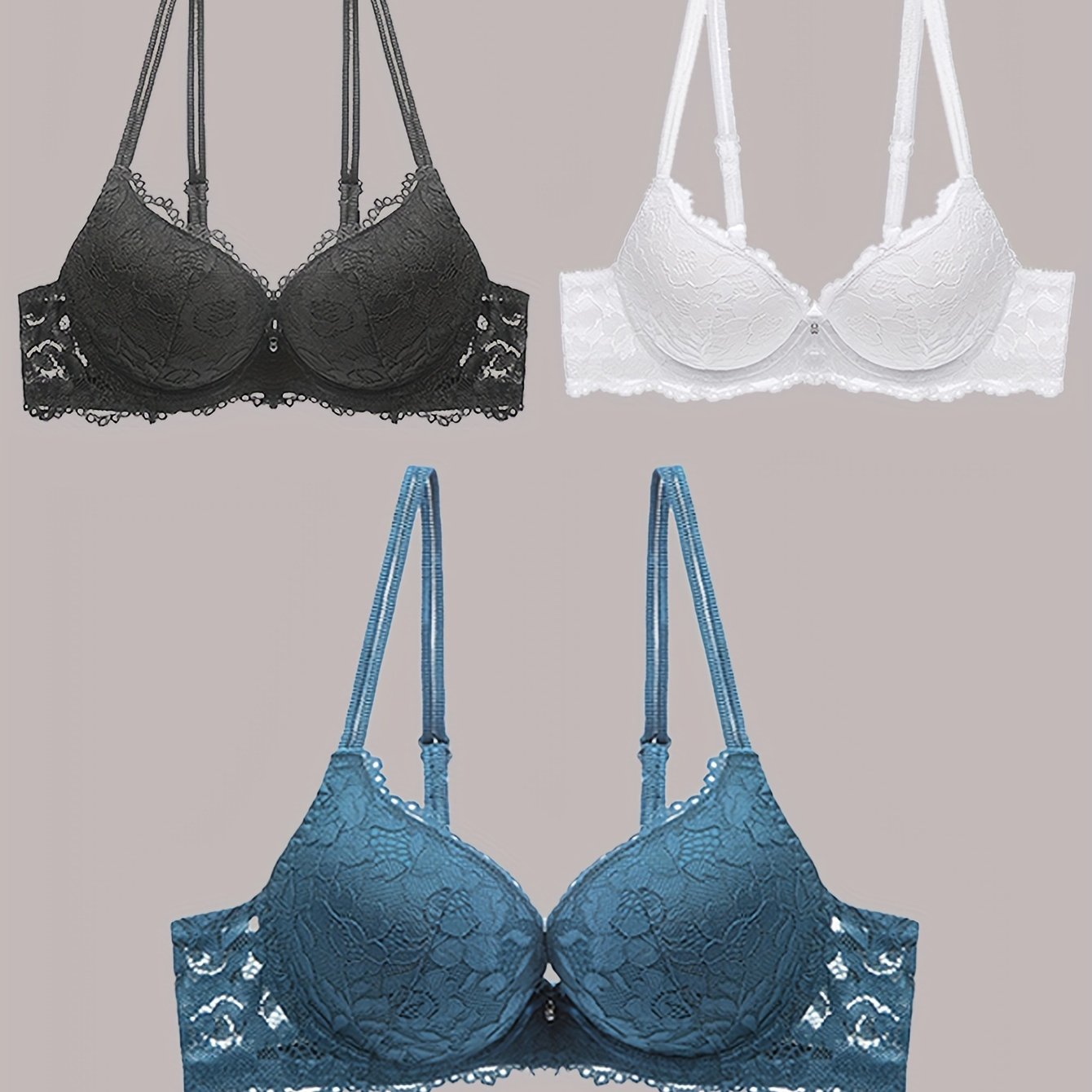 3pcs Contrast Lace Push Up Bras, Comfy & Breathable Intimates Bra, Women's Lingerie & Underwear
