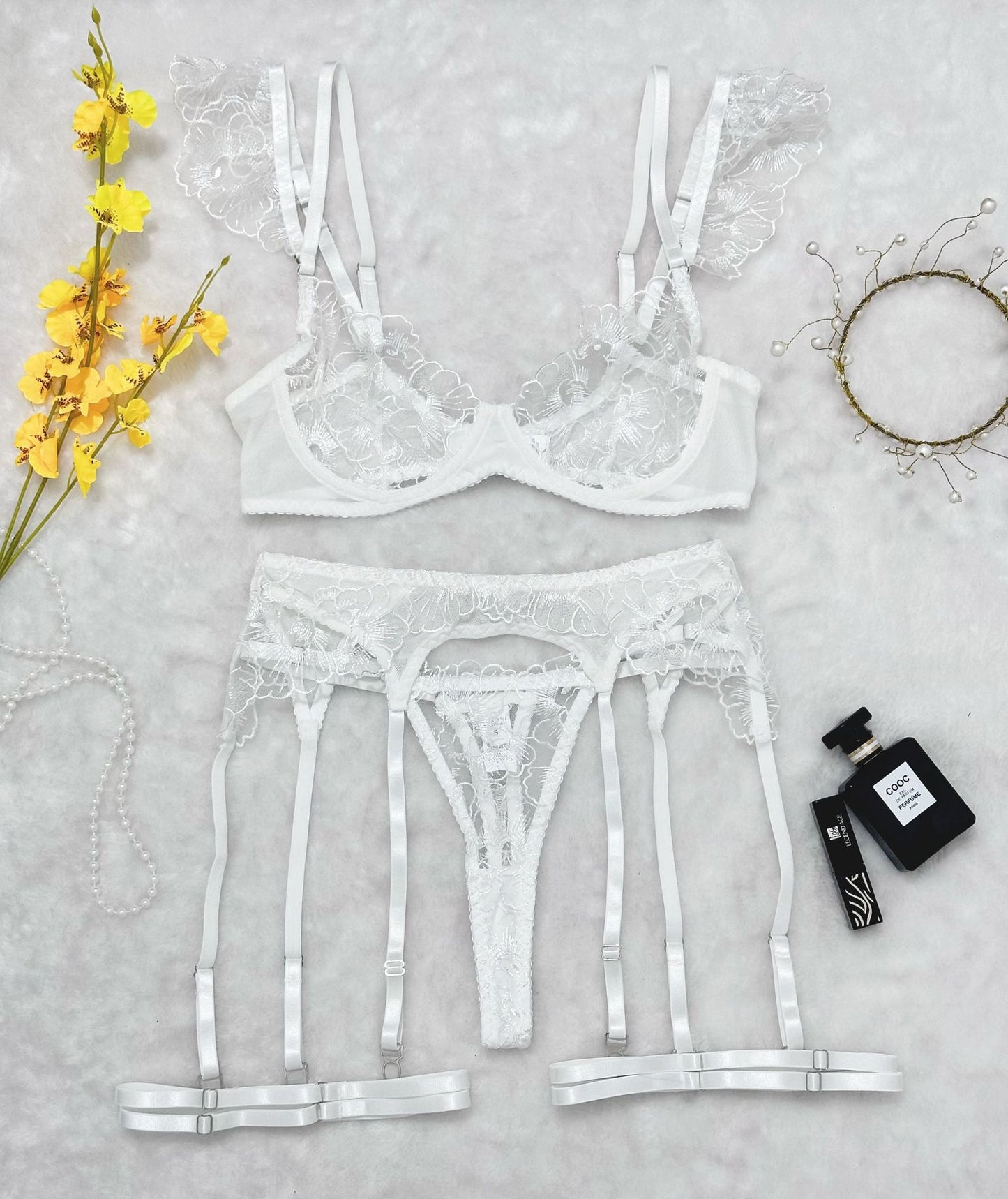 Sexy Lingerie Set with Heavy Embroidery and Sheer Mesh Underwire Bra