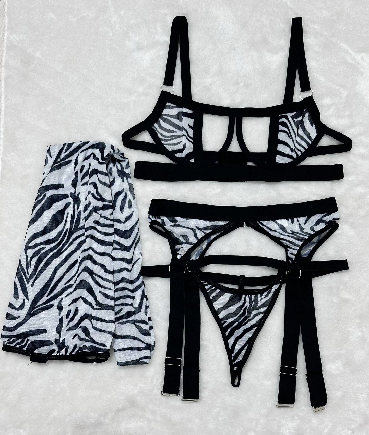 Wild Leopard Print Mesh Hollow-out Sexy Lingerie Four-piece Set with Thigh-high Socks