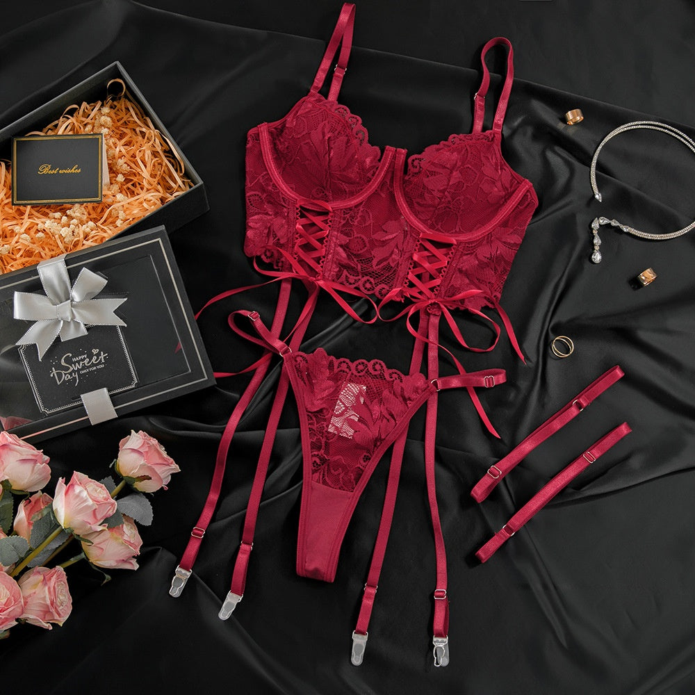 Red Lace Lingerie Set for Women - Sexy , Gathered and Adjustable Straps, Elegant and Comfortable