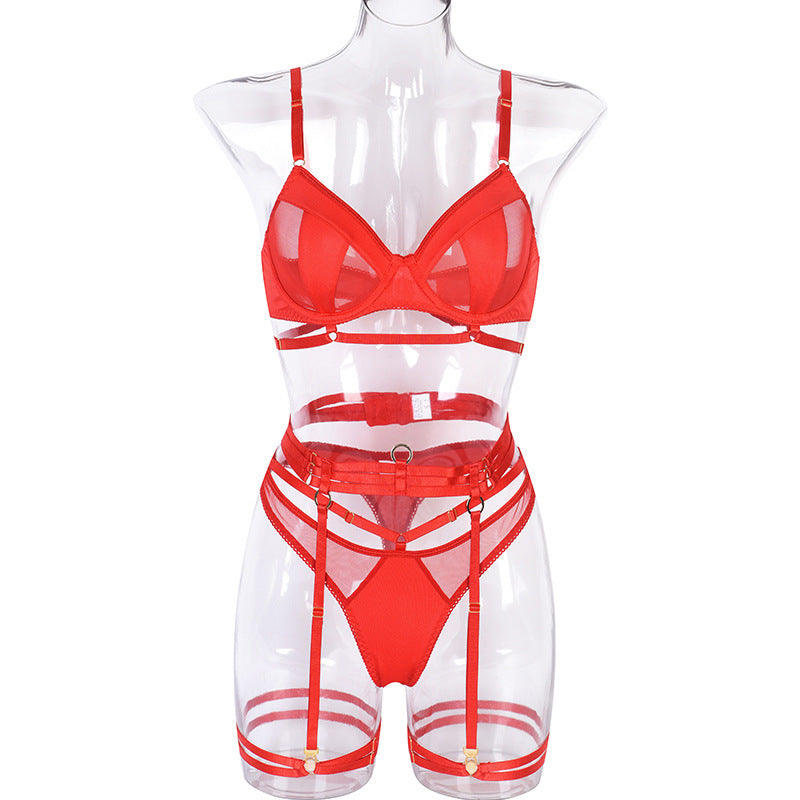 Spring and Summer Fashion Lace Complex Craft Gathered Hollow-out Mesh Sexy Lingerie Four-piece Set for Women