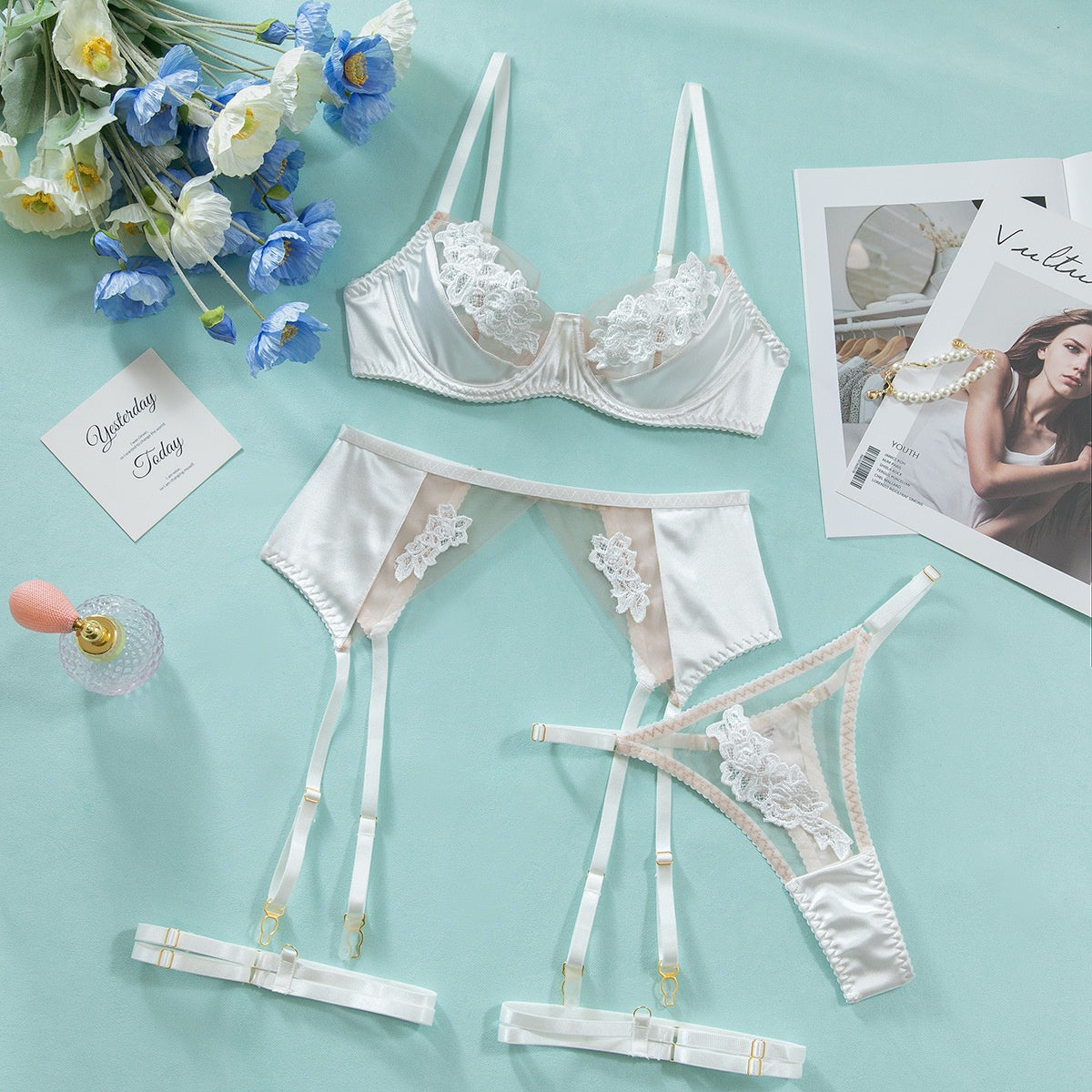 Sexy Mesh Embroidery Splicing Bra Set Women's Gathered Tempting Lingerie Four-Piece Set