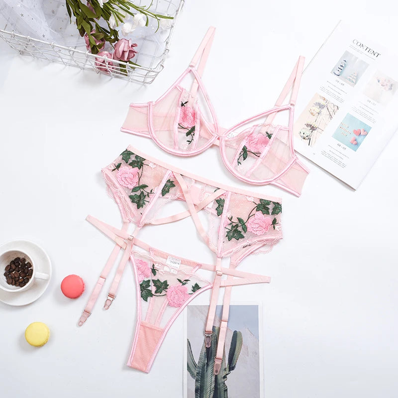 Erotic Female Lingerie Sets Floral Embroidery Sexy Transparent Underwear Porn Sexual 3 Piece Lingerie Women Bra and Panty Set
