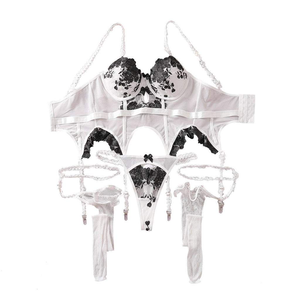 Black and White Embroidered Flower Sexy Lingerie Set with Leg Garters - Three Piece Set