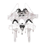 Black and White Embroidered Flower Sexy Lingerie Set with Leg Garters - Three Piece Set