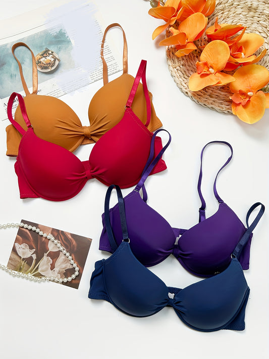 4pcs Simple Women's Underwear Bra with Padded Cups, Gathering Bustier, Single-Piece Multi-Color Combo Casual Bras, Bra Sets, Padded Bras for Women Asian, Padded Bralette, Lace Bralettes, Bra And Panty Sets for Women, Padded B