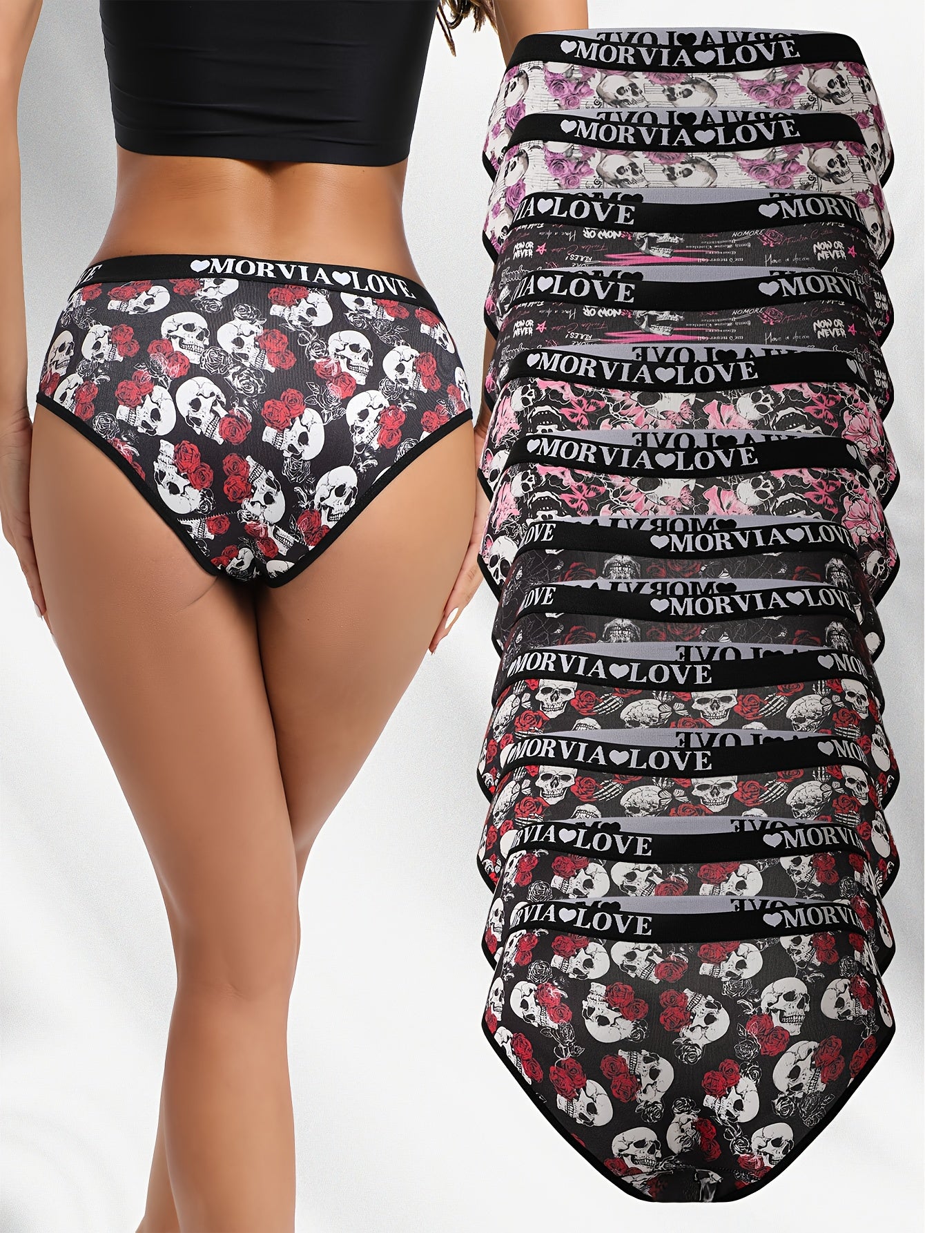 Samone Bloom™ | 12-Pack Women's Panties, Rose Skull Gothic Print with Letter Webbing Design. Dark and Edgy Style for Bold s: High Elasticity Fit that’ s Comfortable Against the Body without Digging in Rolling Upwards; Breath-friendly Fabri