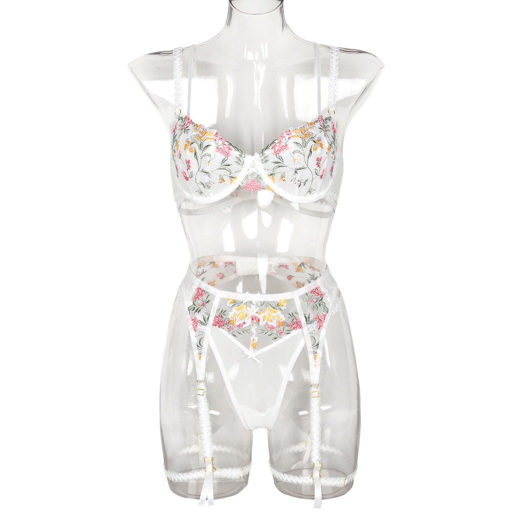 Exquisite Floral Embroidery Double Strap Complex Craft Bowknot Lingerie