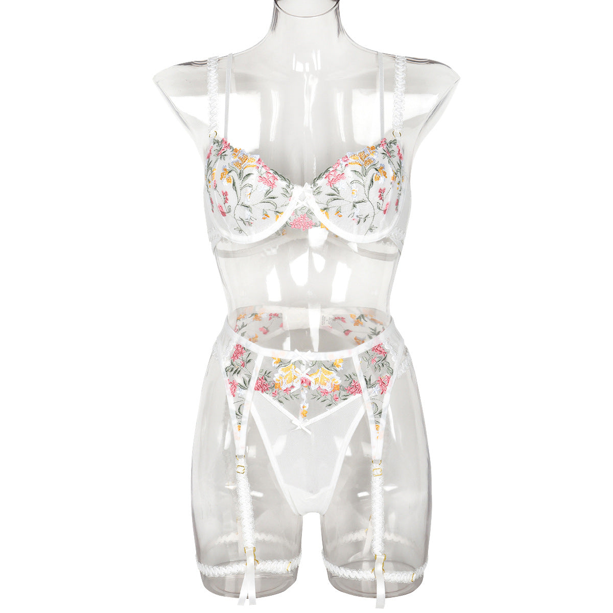 Exquisite Floral Embroidery Double Strap Complex Craft Bowknot Lingerie