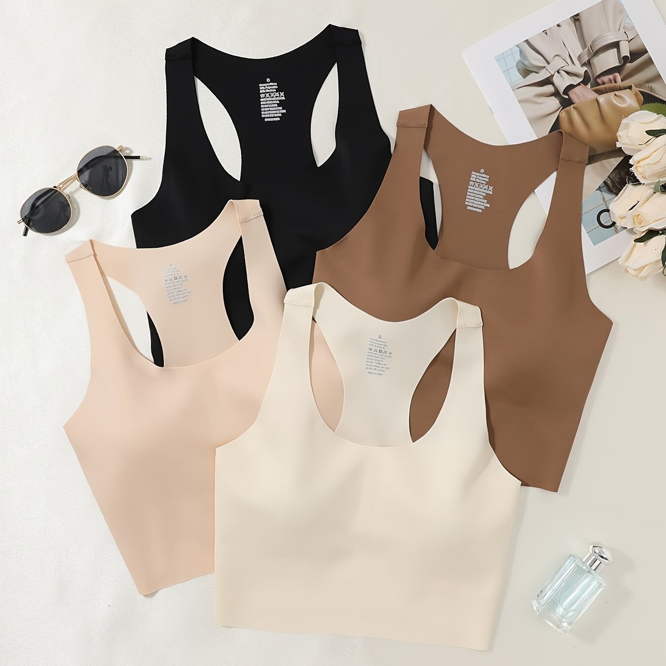 4pcs Women’s Seamless Sports Bras with Removable Pads - Soft Stretch Workout Tops for Gym, Yoga & Casual Wear - 4 Colors (Black, Dark Grey, Beige, Light Pink)