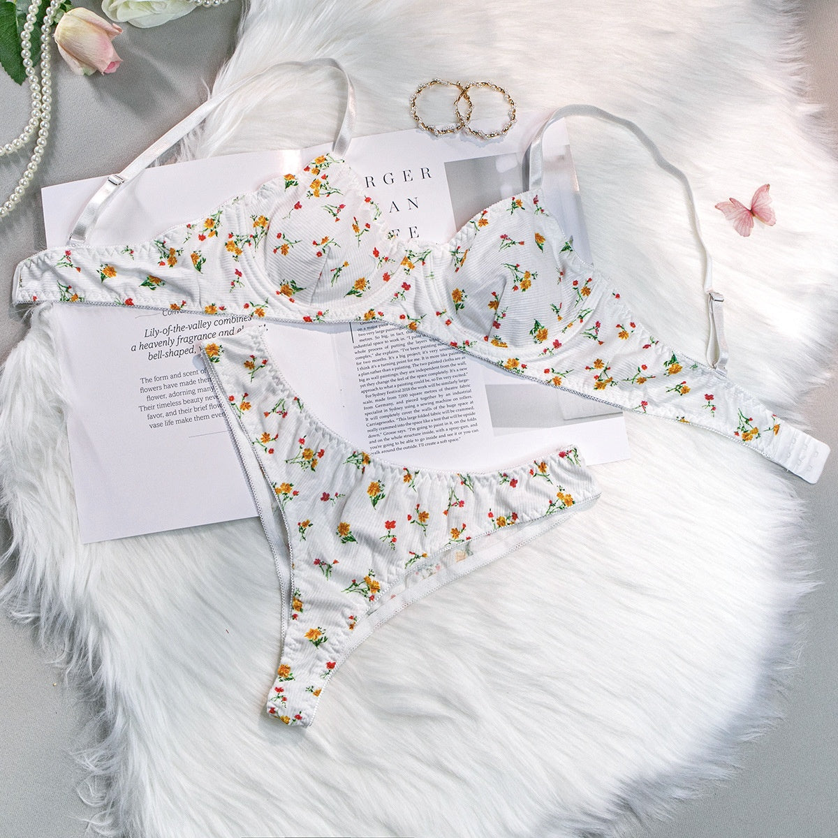 Sexy Lingerie Knit Set - Floral Print with Steel Ring Two-Piece Suit