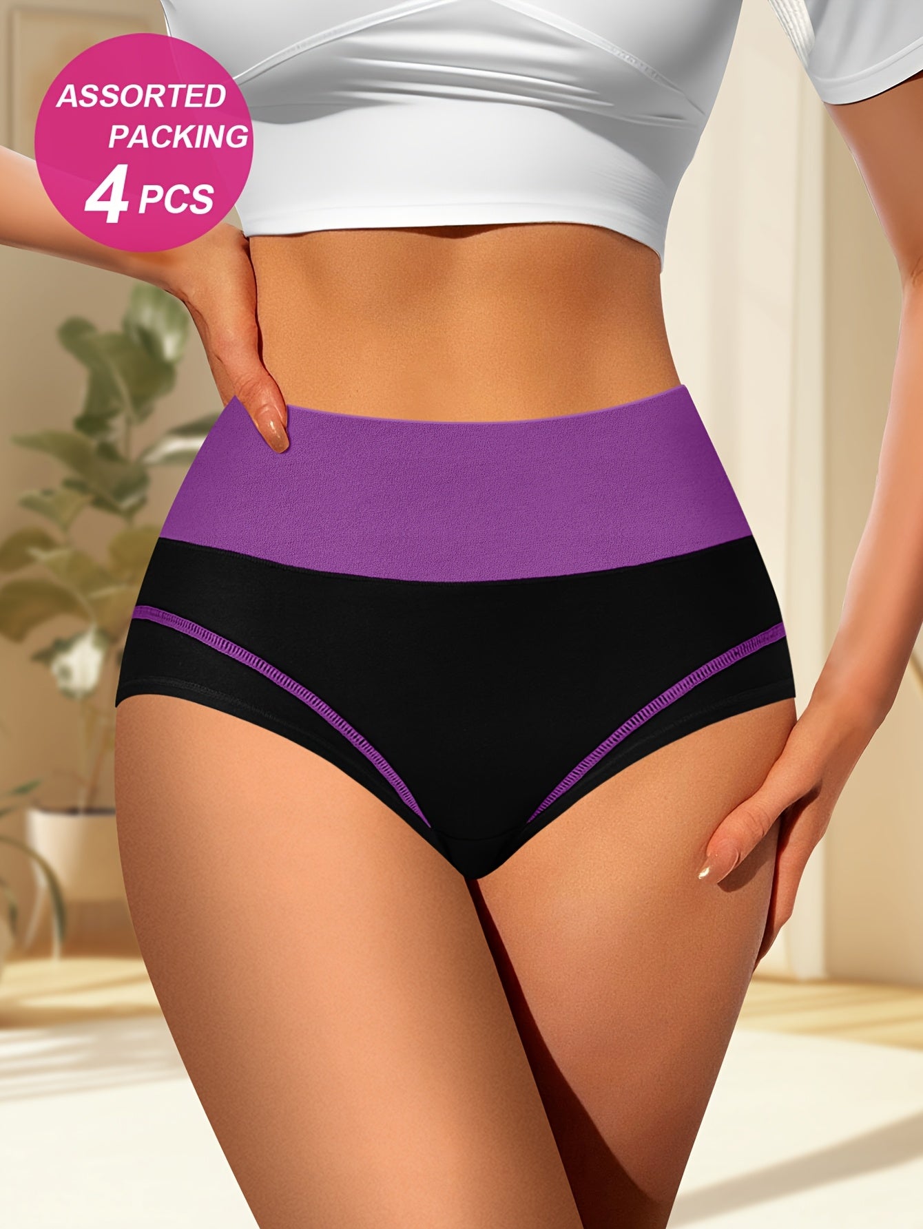 4pcs Random Combination High Waisted Tummy Tightening Women'S Panties Fashion Clash Of Colors Comfortable Shape Triangle Pants