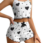 Sexy Lingerie Set with Heart Print Sweet Strap Nightwear Suit
