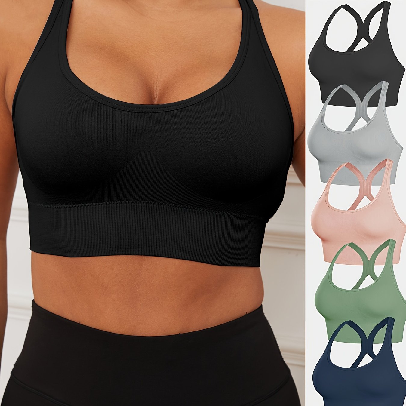 5-Pack Low-Cut Neck Seamless Sports Bras - Comfortable, Breathable, High-Stretch Nylon Fabric, Shockproof, Adjustable Closure - Stylish, Solid Color, Knit Fabric Yoga & Fitness Tank Tops for Womens Gym Wear