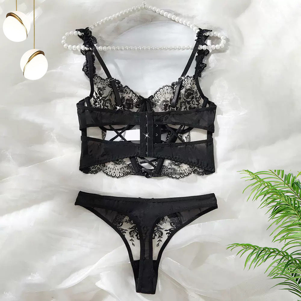 Sexy Mesh Embroidered Floral Cross-Tie Lingerie Set for Women