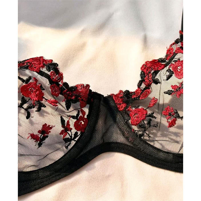 Women's Intimates Sweet and Sexy Low Waist Floral Embroidery Mesh Transparent Lingerie Two-Piece Set