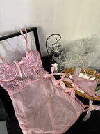 Sensual Transparent Lace Splicing Lingerie with Thong and Thin Sleepwear Bow Backless Skirt Set