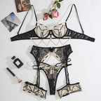 Splicing metal chain hollow out lingerie four piece set