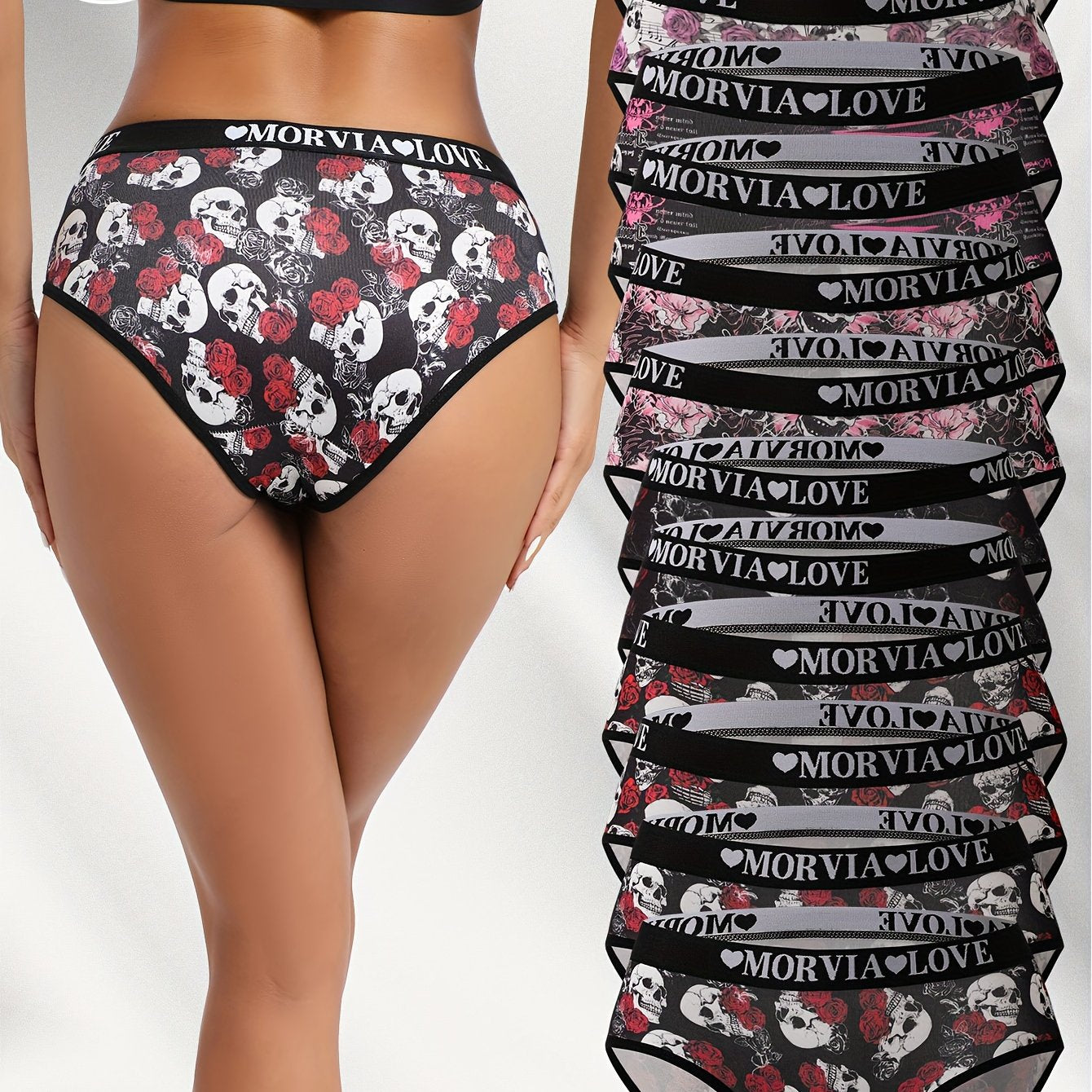 Samone Bloom™ | 12-Pack Women's Panties, Rose Skull Gothic Print with Letter Webbing Design. Dark and Edgy Style for Bold s: High Elasticity Fit that’ s Comfortable Against the Body without Digging in Rolling Upwards; Breath-friendly Fabri