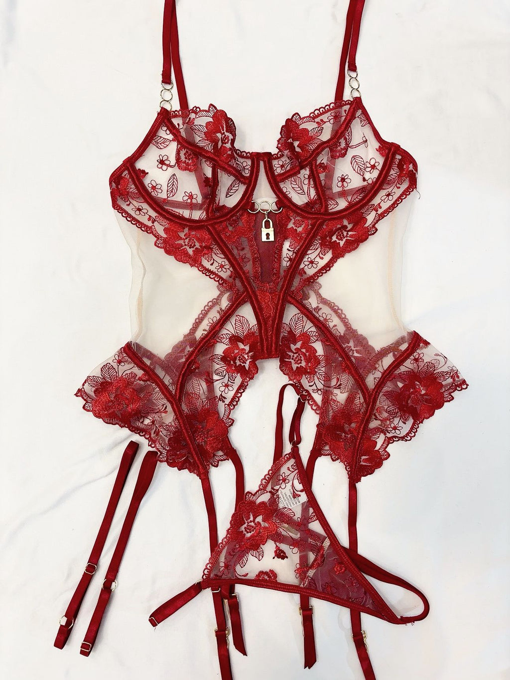 Sexy Bra Set Transparent Mesh Splicing Lace Lingerie Underwear Three-Piece Suit