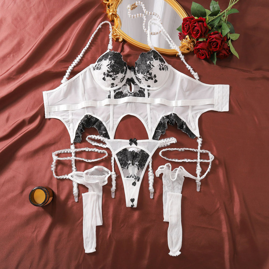 Black and White Embroidered Flower Sexy Lingerie Set with Leg Garters - Three Piece Set