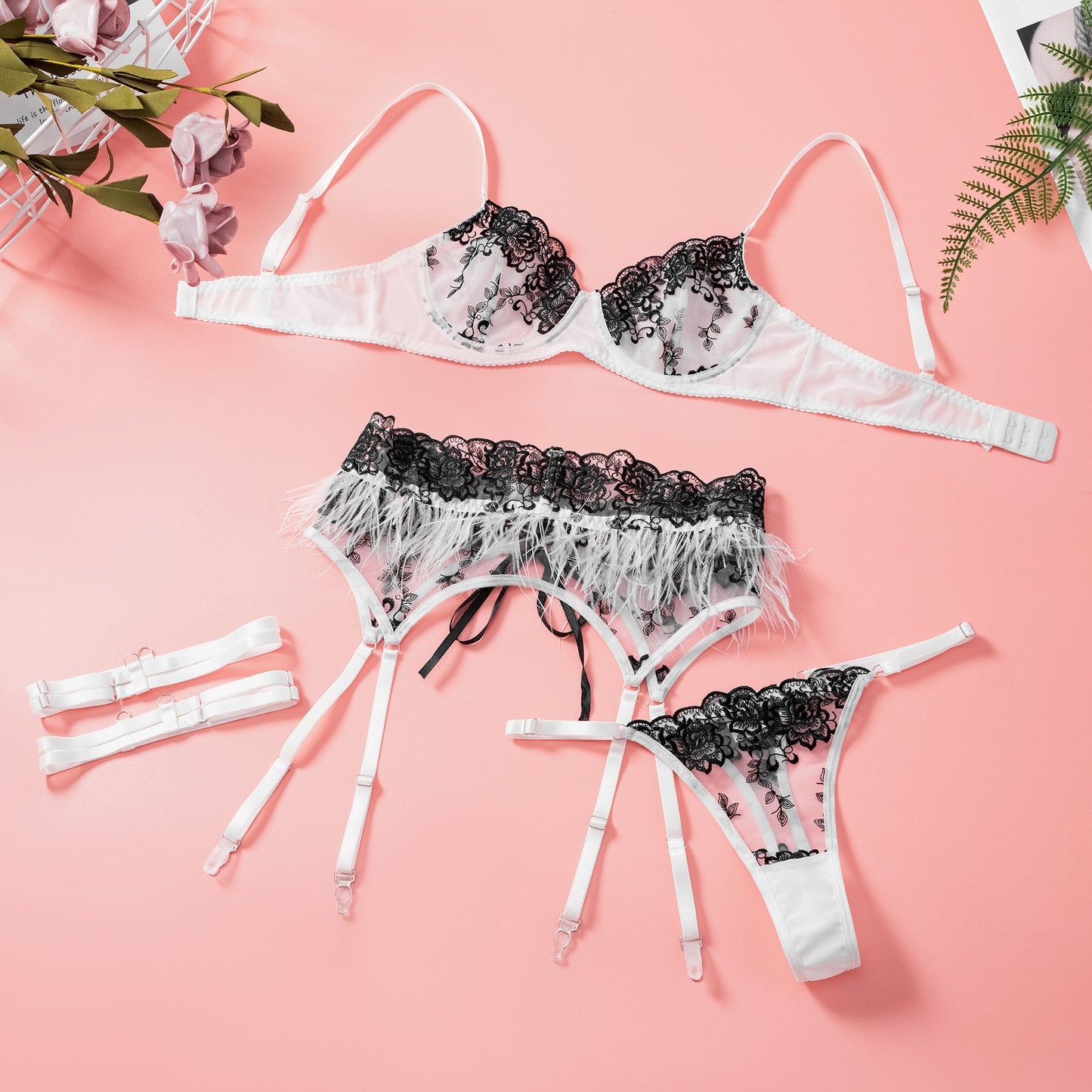 Embroidered sexy bra and erotic lingerie set black floral feather lingerie