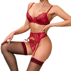 Heavy Embroidery Sexy Hollow-out Transparent Splicing Lingerie Set with Stockings for Women