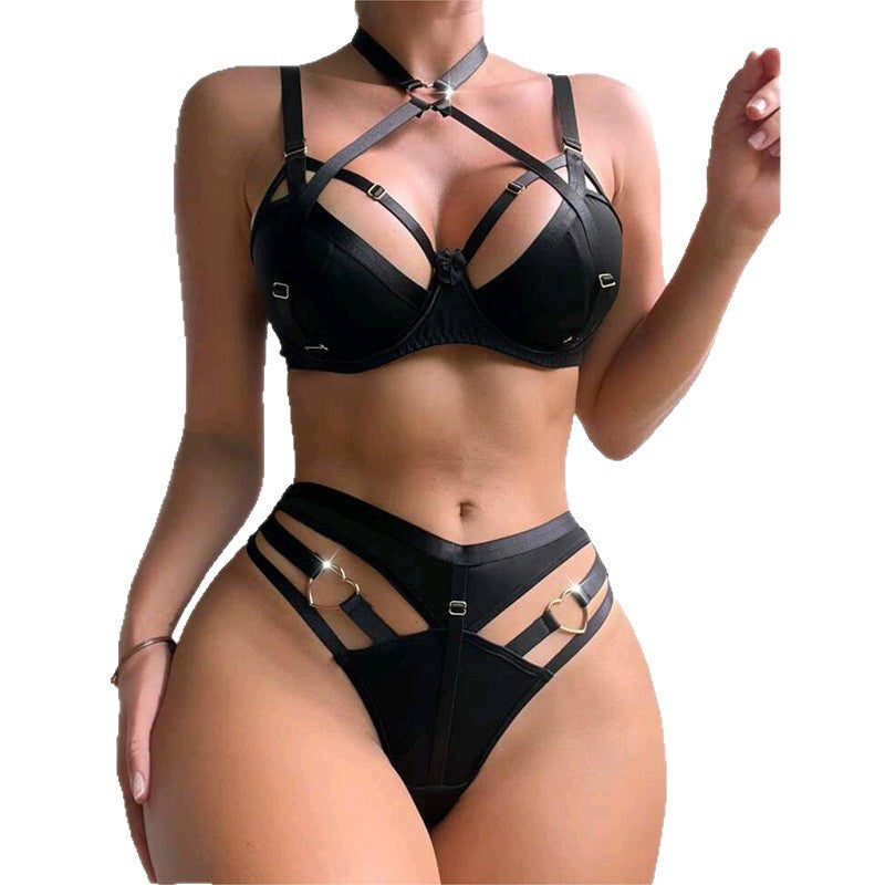 Sexy Lingerie Two-Piece Set Hollow Out Black Sheer Transparent Suit  Cross-Border Export Women's Clothing