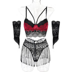 Erotic Lingerie 5-Piece Set New Tassel Waistband Lace Splicing With Gloves