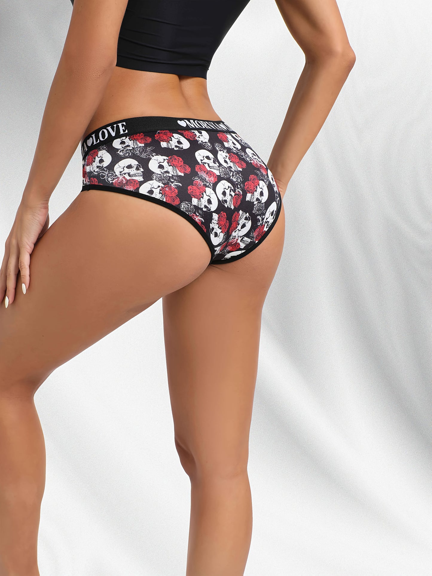 Samone Bloom™ | 12-Pack Women's Panties, Rose Skull Gothic Print with Letter Webbing Design. Dark and Edgy Style for Bold s: High Elasticity Fit that’ s Comfortable Against the Body without Digging in Rolling Upwards; Breath-friendly Fabri