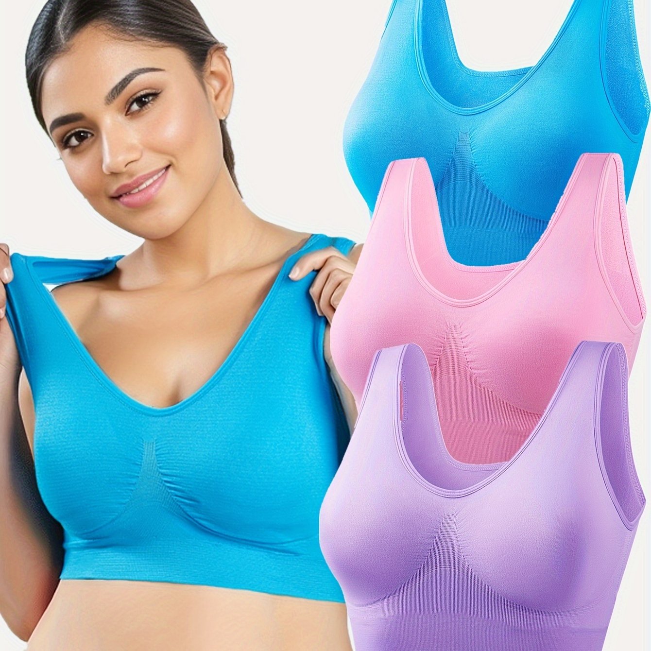 3pcs Women's Sports Bras Set, Plus Size Solid Seamless Non Padded Wireless versatile Running Bralette