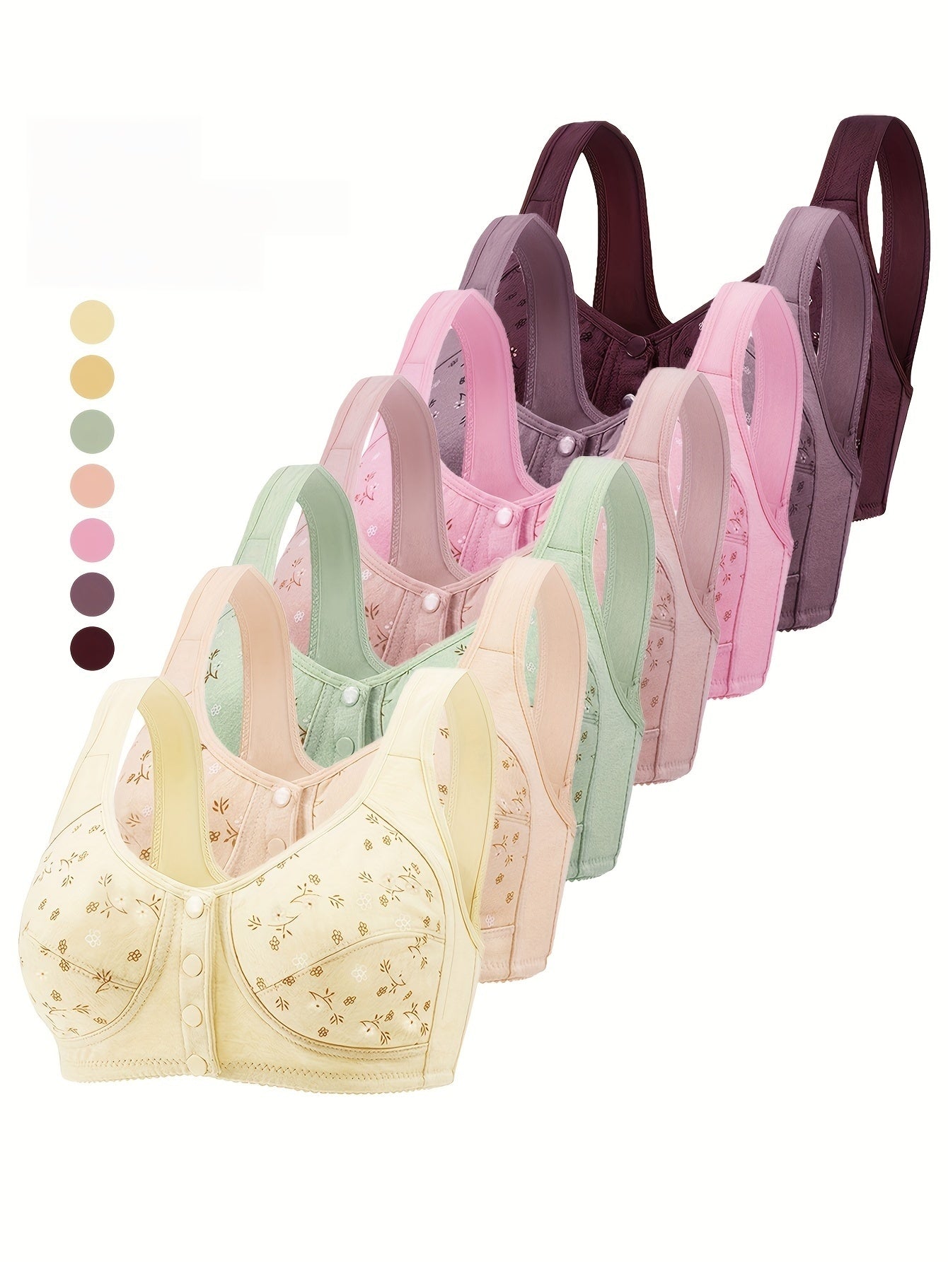 7pcs Set of Women'S Plus Size Non-Wired Bras, Solid Color, Simple Style, Slightly Elastic, No Bra Pads, Front Closure, Light And Breathable, Easy to Wear