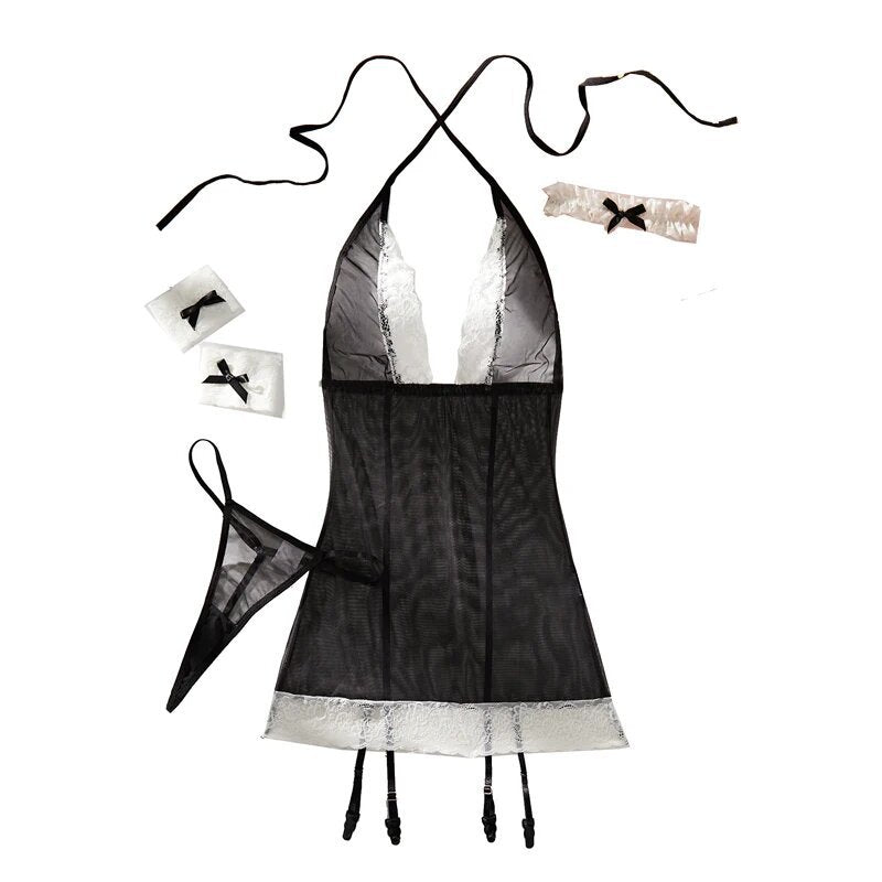 Lace splicing mesh perspective lingerie four piece set