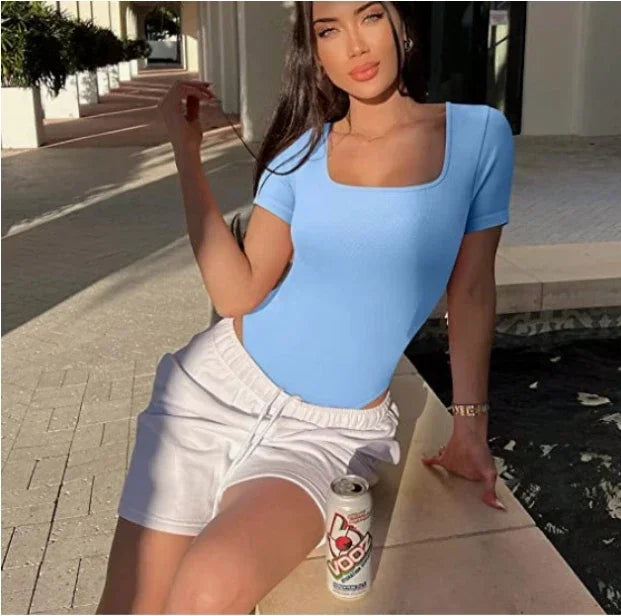 Women's Bodysuits Sexy Ribbed One Piece Square Neck Short Sleeve Bodysuits sexy bodysuit lingerie bodysuit