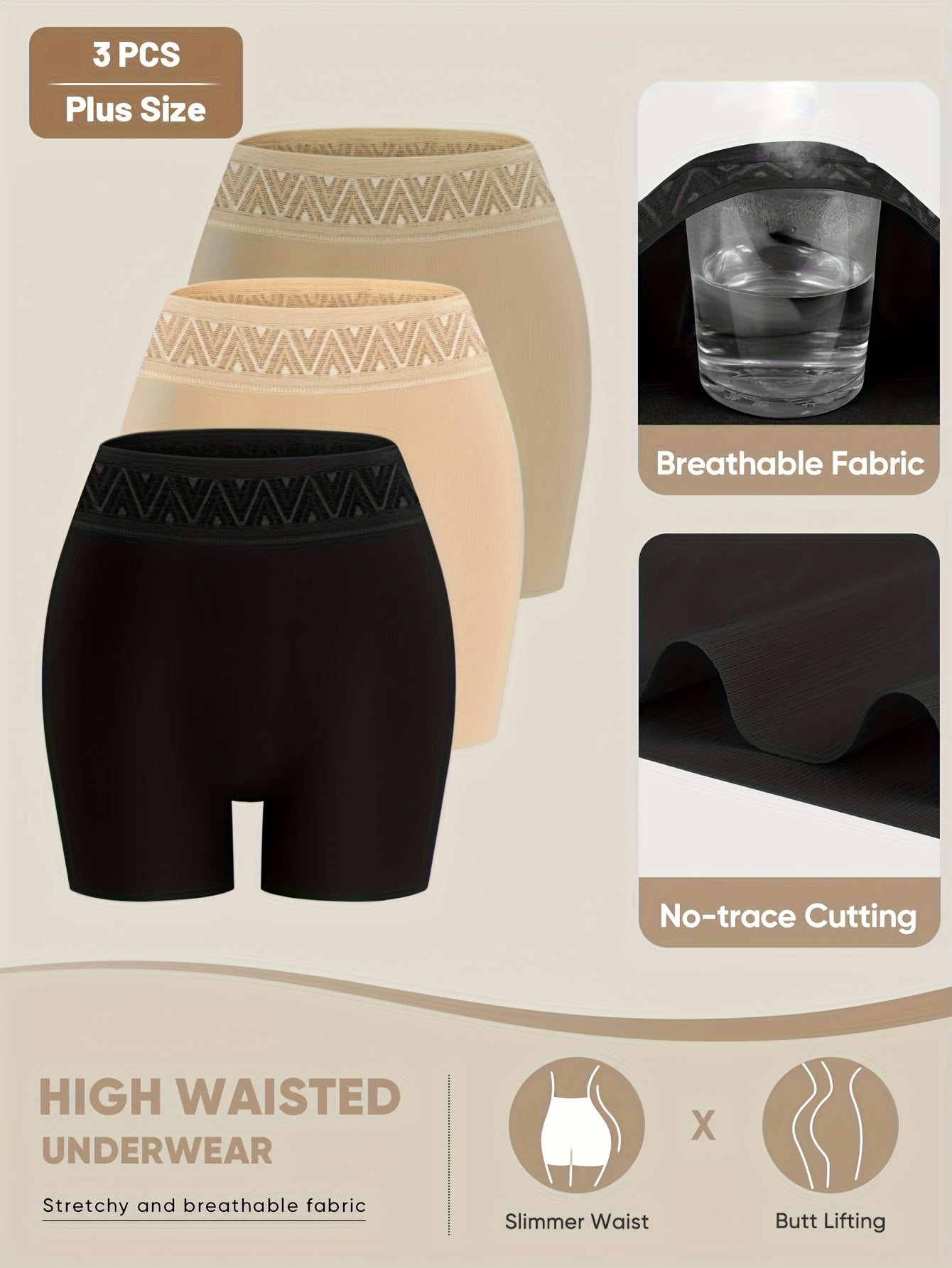 3pcs Plus Size Women'S Panties, MIOTAN High-Waist Tummy Control Boyshorts, Solid Color, Breathable & Soft Underwear, Plus Size Underwear, Plus Size Underwear, Plus Size Underwear, Plus Size Underwear, Plus Size Underwear, Plu