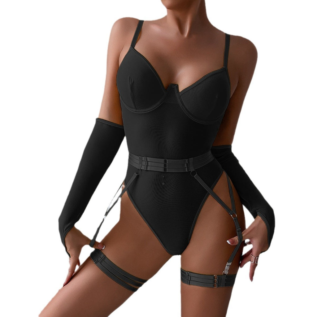 Sexy Lingerie Mesh Strap Splicing with Gloves Suspender Bodysuit Set