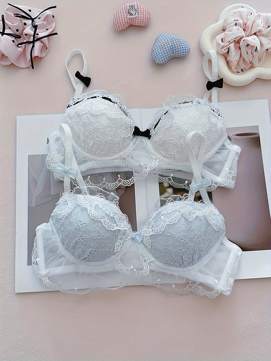 2pcs Pure Desire Contrast Lace Bow Bra for Women, Sexy Mesh Splicing Wire-Free Comfortable Soft Underwear, Bra And Panty Sets for Women, No Underwear Bra Clip Front, Seamless Bras, Sports Bras for Women Padded, Minimiser Bras