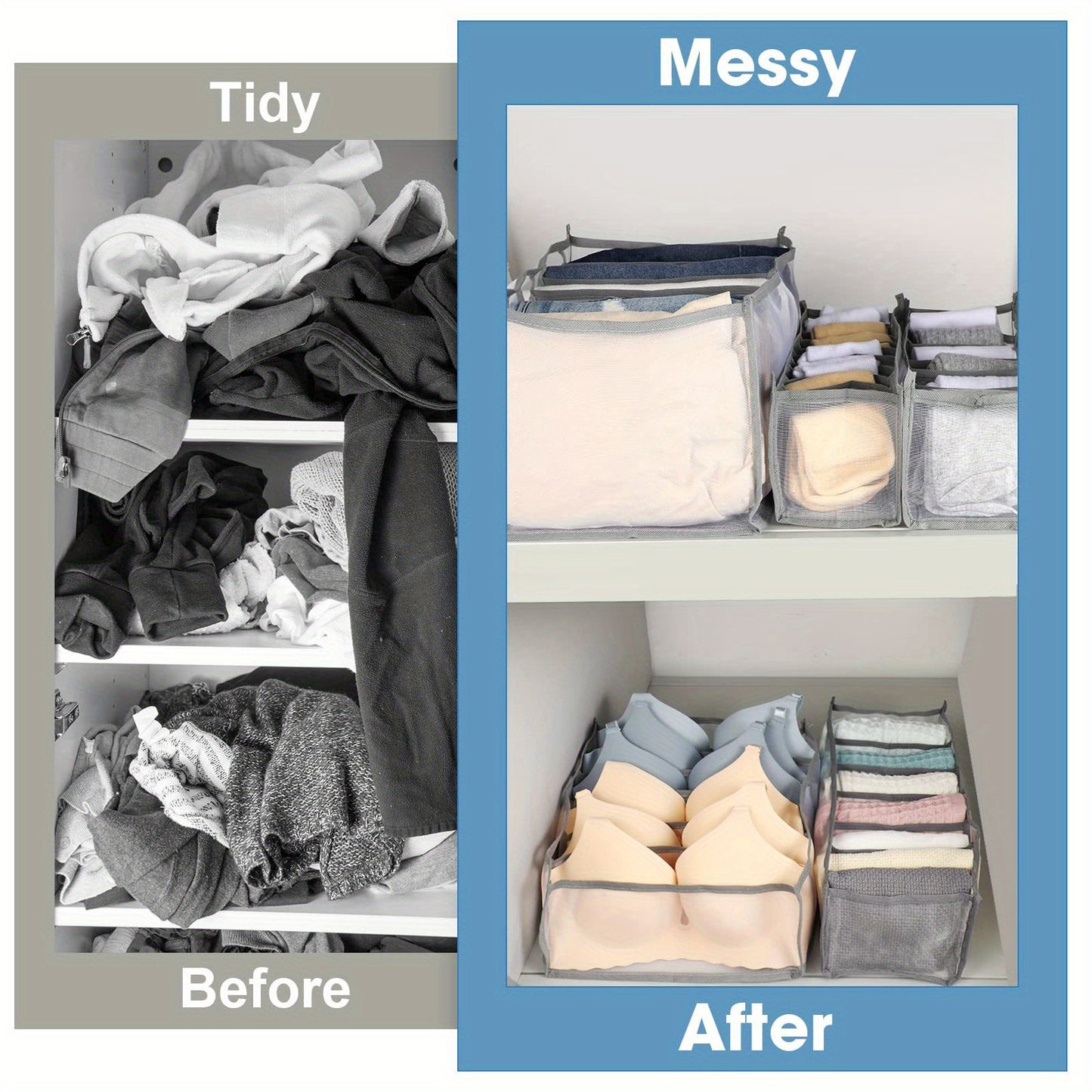 1pc Fabric Drawer Organizer with 6/11 Grids - Foldable Storage Box for Underwear, Bras, Jeans - Wardrobe Divider with Mesh Compartments for Space Saving