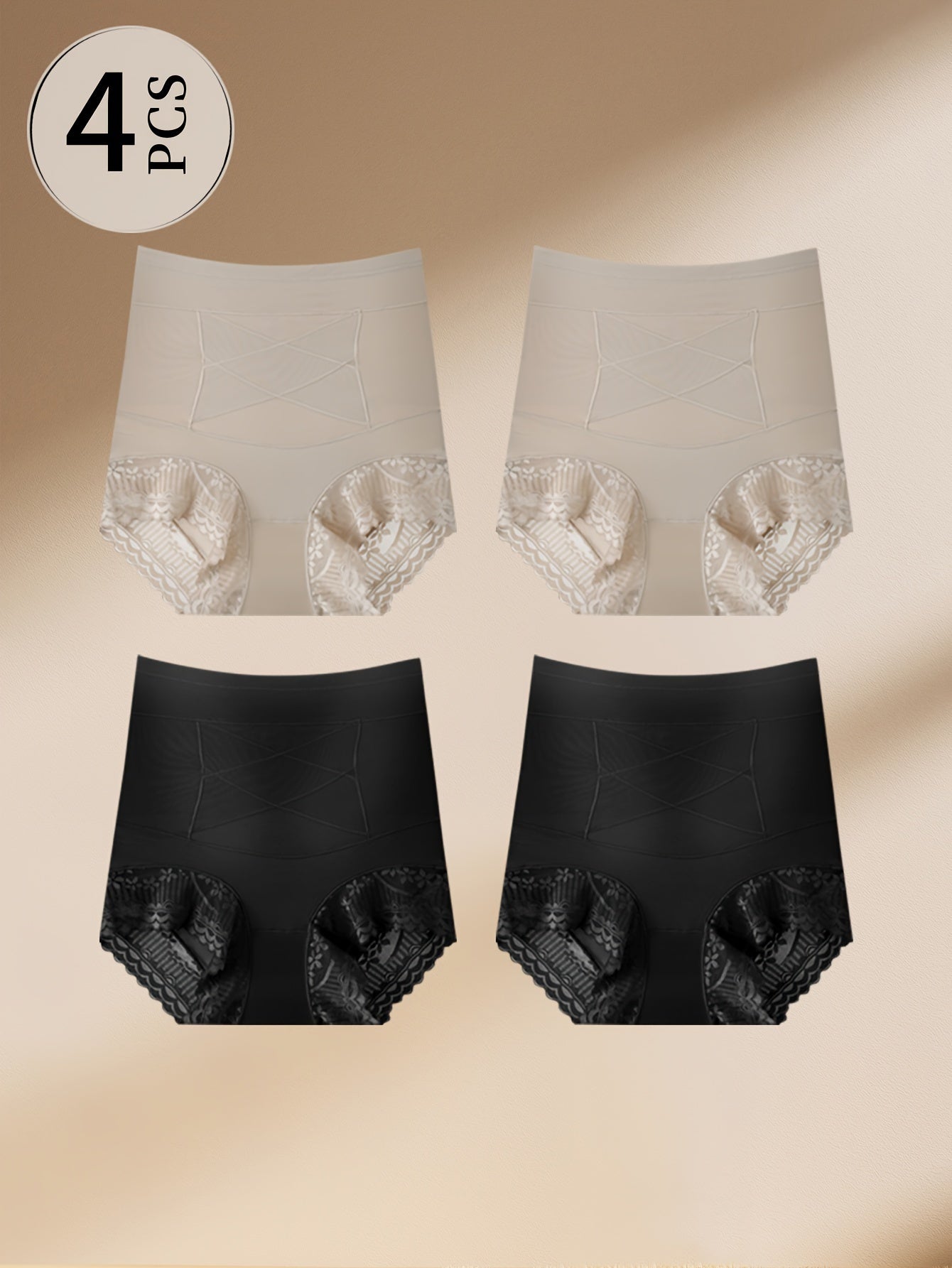 QUASTI 4-Pack High Waisted Women'S Panties, Breathable Knit with Lace Trim, Mid-Level Support, Striped Pattern, Romantic Style, Tummy Tuck Waist Shaping Underwear