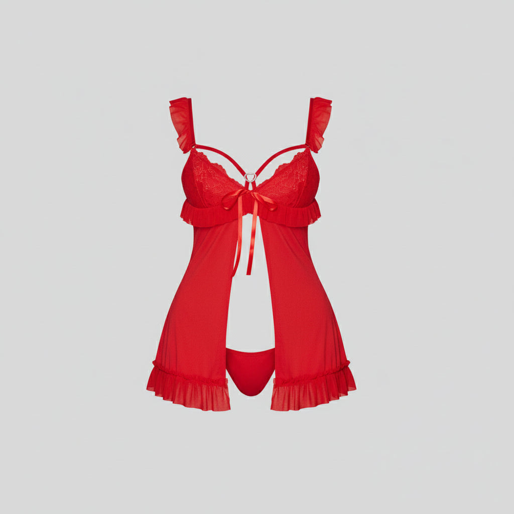 Sexy lingerie sexy women's red suspender slit lace lingerie set