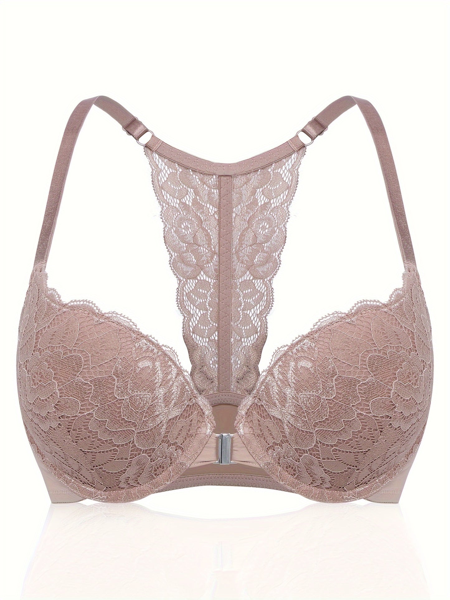 Front Closure Push Up Bras for Women, Comfortable Padded Lace T-Shirt Bra, Lace Racerback Push Up Bra, Ultra Soft and lightweight, Lightly Lined, Women's Lingerie, Underwire
