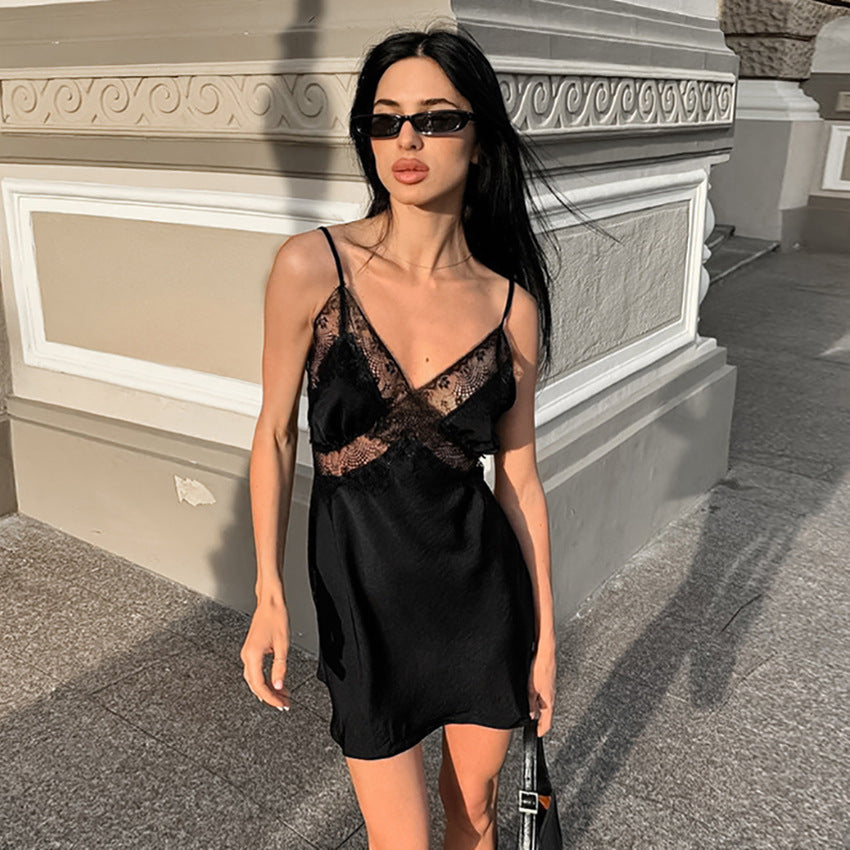 Sexy Black Satin Lingerie Strap Dress Lace V-neck Mini Dress Women's Clothing
