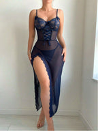 Lace hollow sleepwear jumpsuit with transparent mesh lingerie set