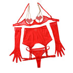 Sexy lingerie with exposed chest heart-shaped chain sexy perspective mesh five piece set for women