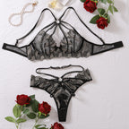 Lace embroidery gathered hollow perspective lingerie underwear set with steel ring