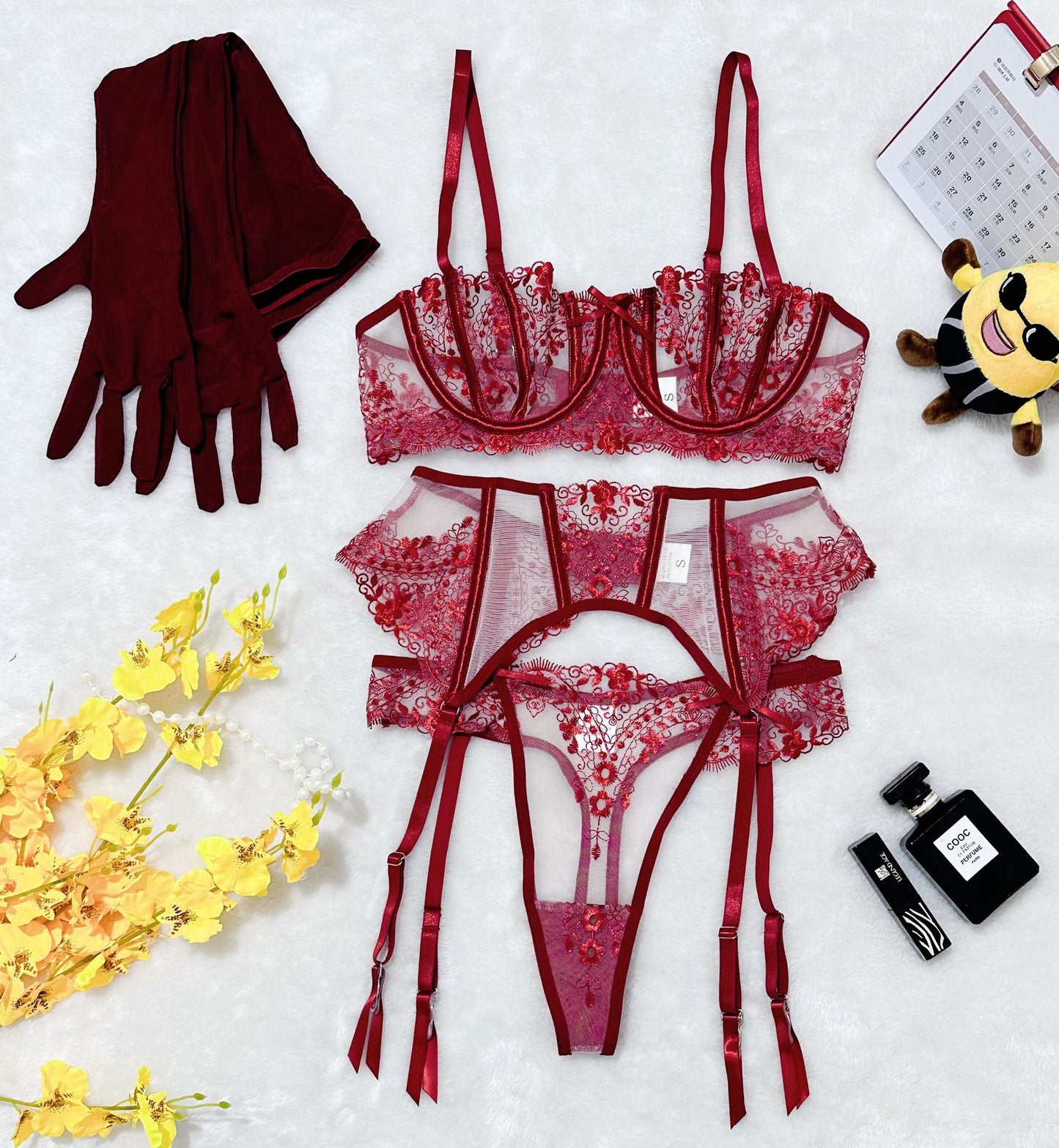 Floral Embroidery Patchwork Sheer Mesh Sexy Lingerie Set for Women