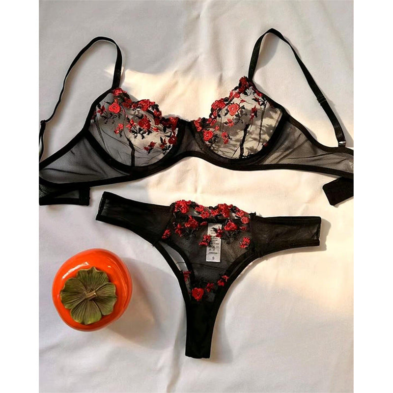 Women's Intimates Sweet and Sexy Low Waist Floral Embroidery Mesh Transparent Lingerie Two-Piece Set